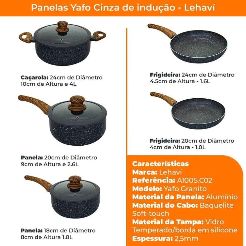 Conjunto 5 Panelas Yafo Indução Granito - LEHAVÍ - Image 9