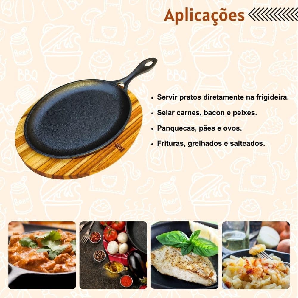 Frigideira Oval De Ferro Fundido Com Suporte De Madeira Para... - Image 4