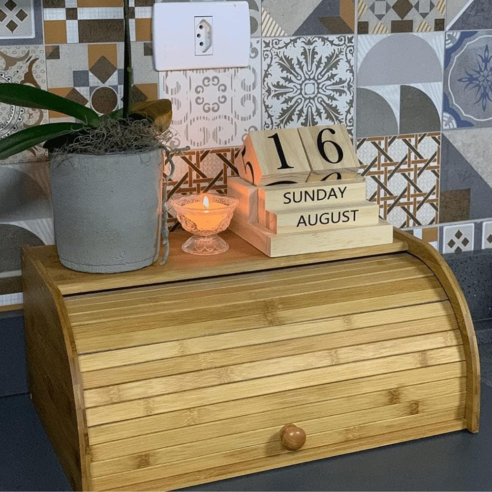 Porta Pão em Bambu Com Tampa Retratil Organizador de Cozinha... - Image 3