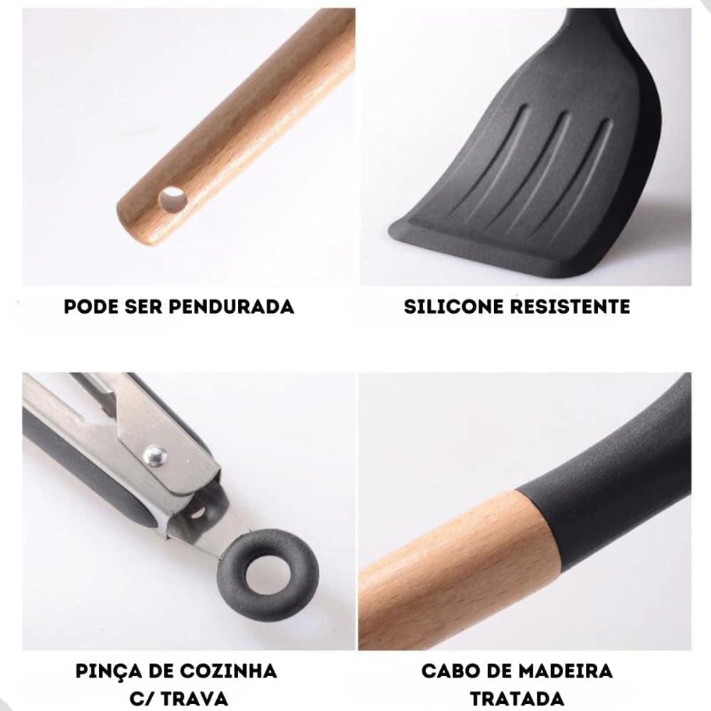 Kit 12 Utensílios De Cozinha Em Silicone E Cabo De Madeira J... - Image 6