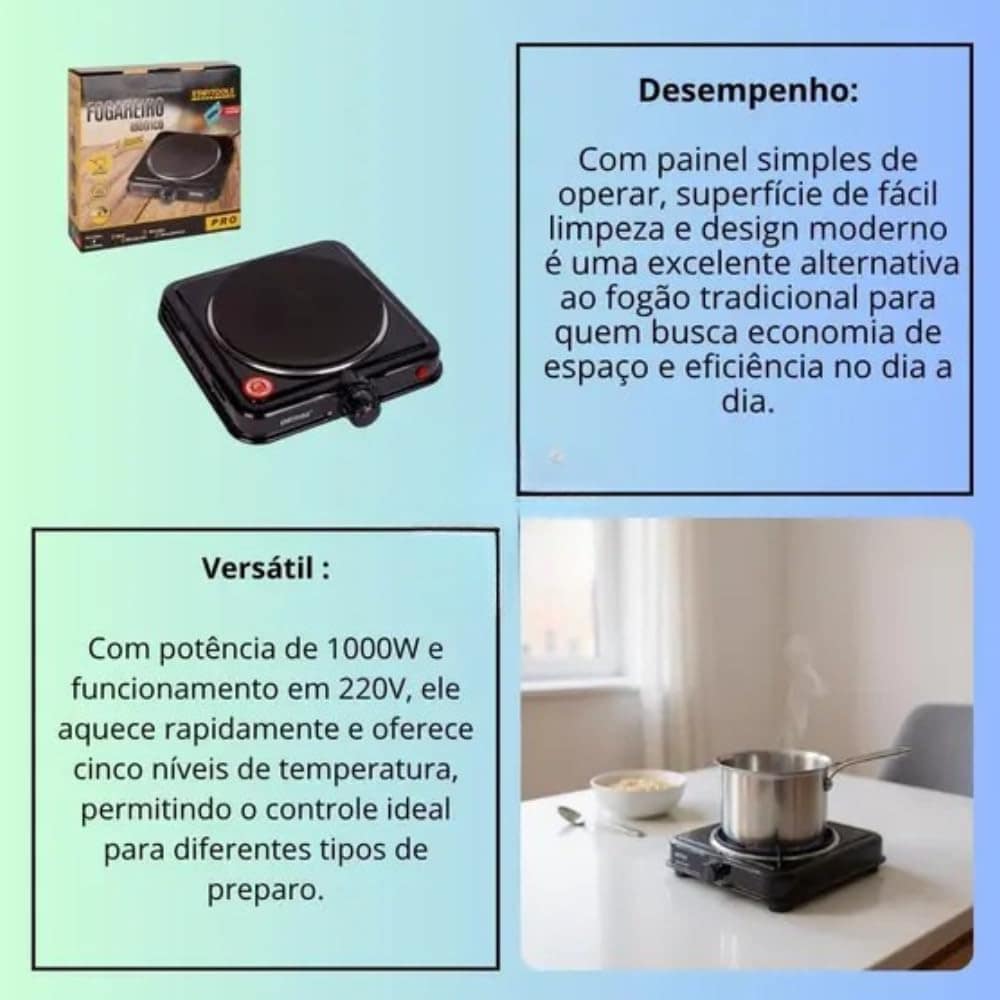 Fogão Elétrico Portátil por Indução 1 Boca 1000W 220V com 5 ... - Image 2