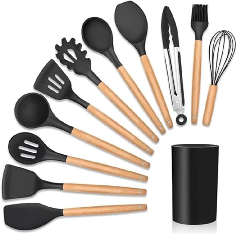 Kit 12 Utensílios De Cozinha Em Silicone E Cabo De Madeira J...