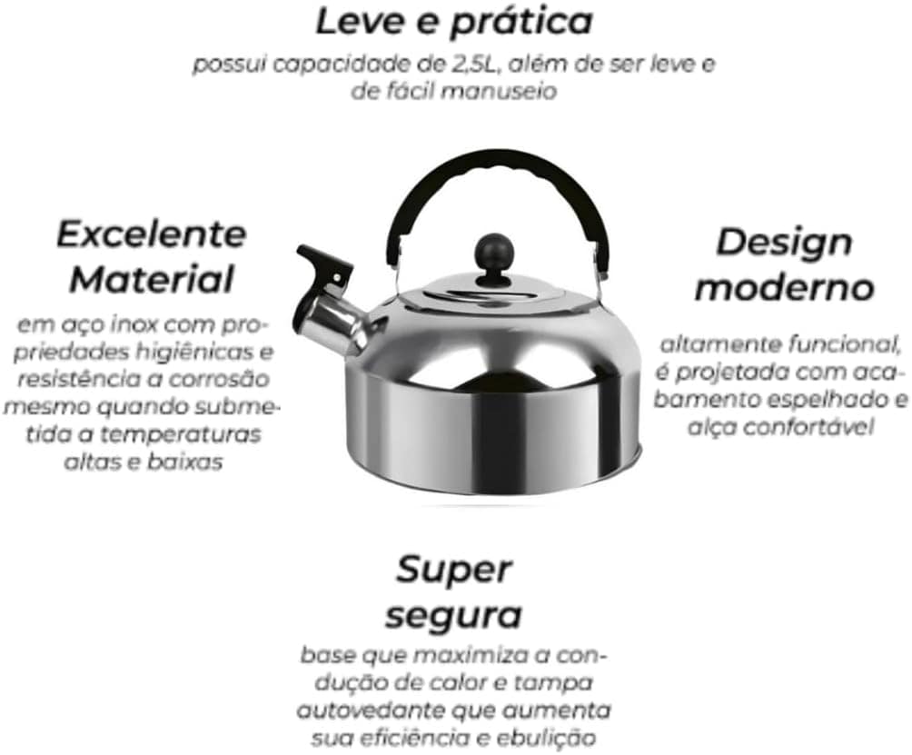 Chaleira Inox Com Apito 2 Litros Café Chá Para Fogão A Gás E... - Image 3