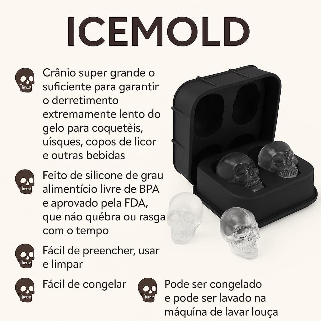 Forma de Gelo Caveira 3D em Silicone – Molda Cubos Grandes e... - Image 3