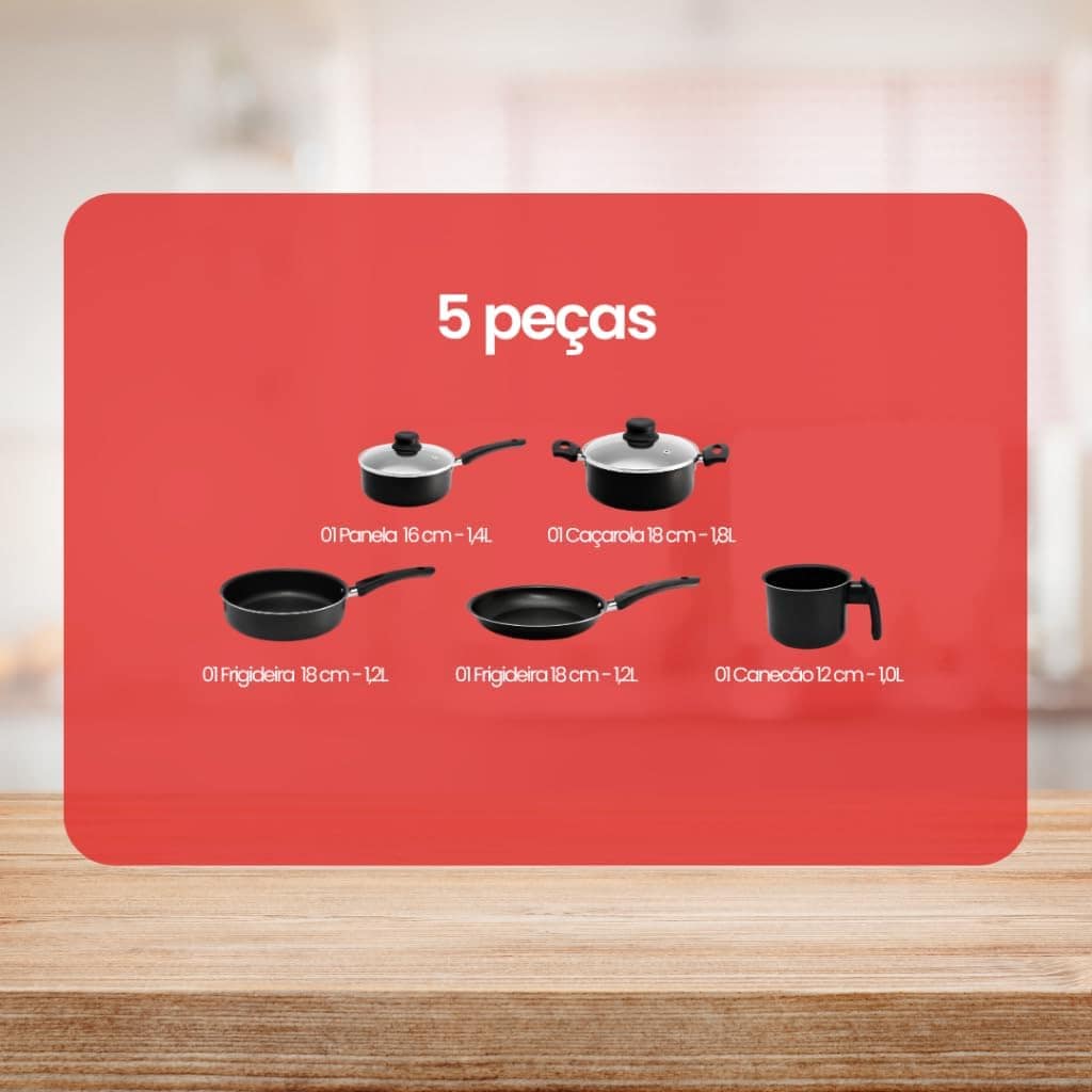 Conjunto De Panelas Preto Teflon Antiaderente 5 Peças - Image 2