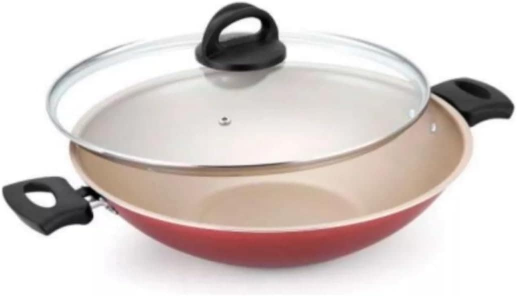 Panela Wok Paella Bege Com Cereja 30cm Antiaderente Teflon