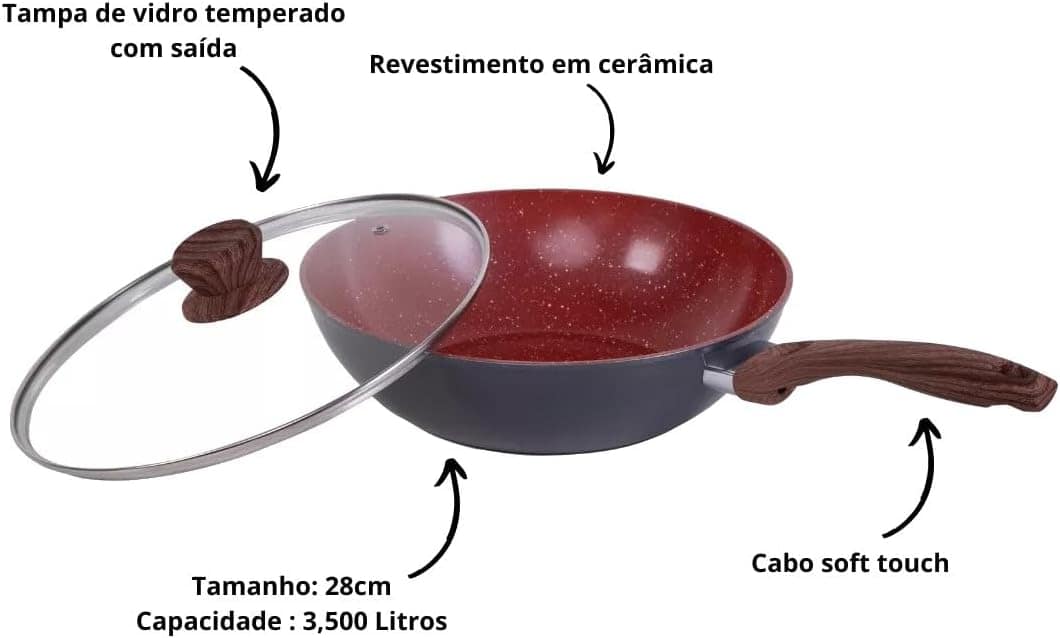 Frigideira Wok Nanocerâmica Antiaderente com Tampa 28cm 3,5L - Image 3