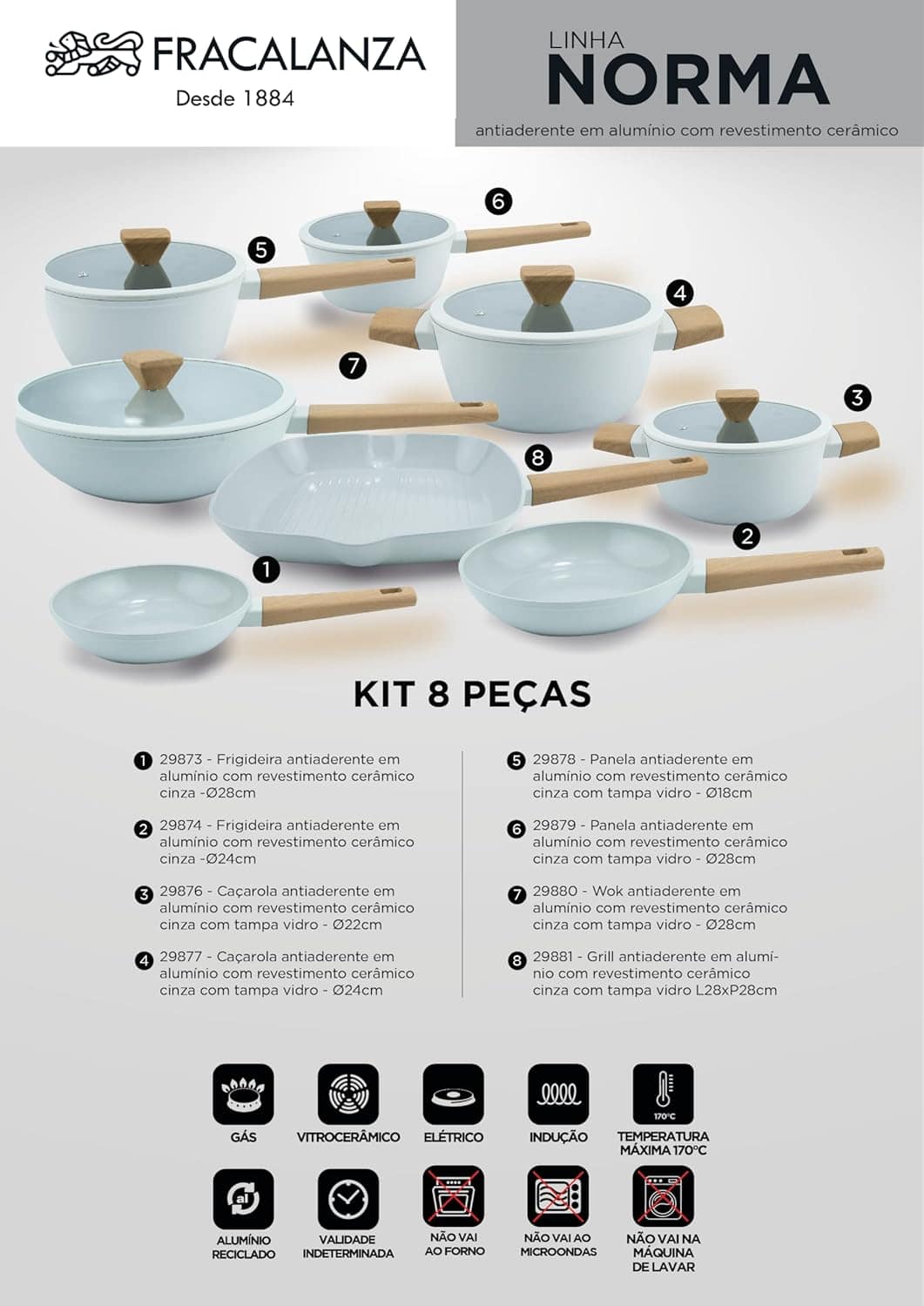 Jogo De Panelas Revestimento Cerâmico Indução Cinza 8 Peças - Image 2