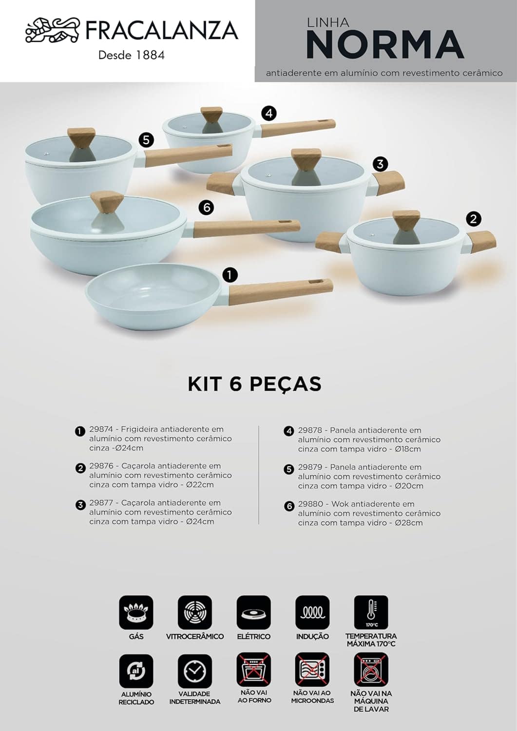 Jogo De Panelas Revestimento Cerâmico Indução Cinza 6 Peças - Image 2