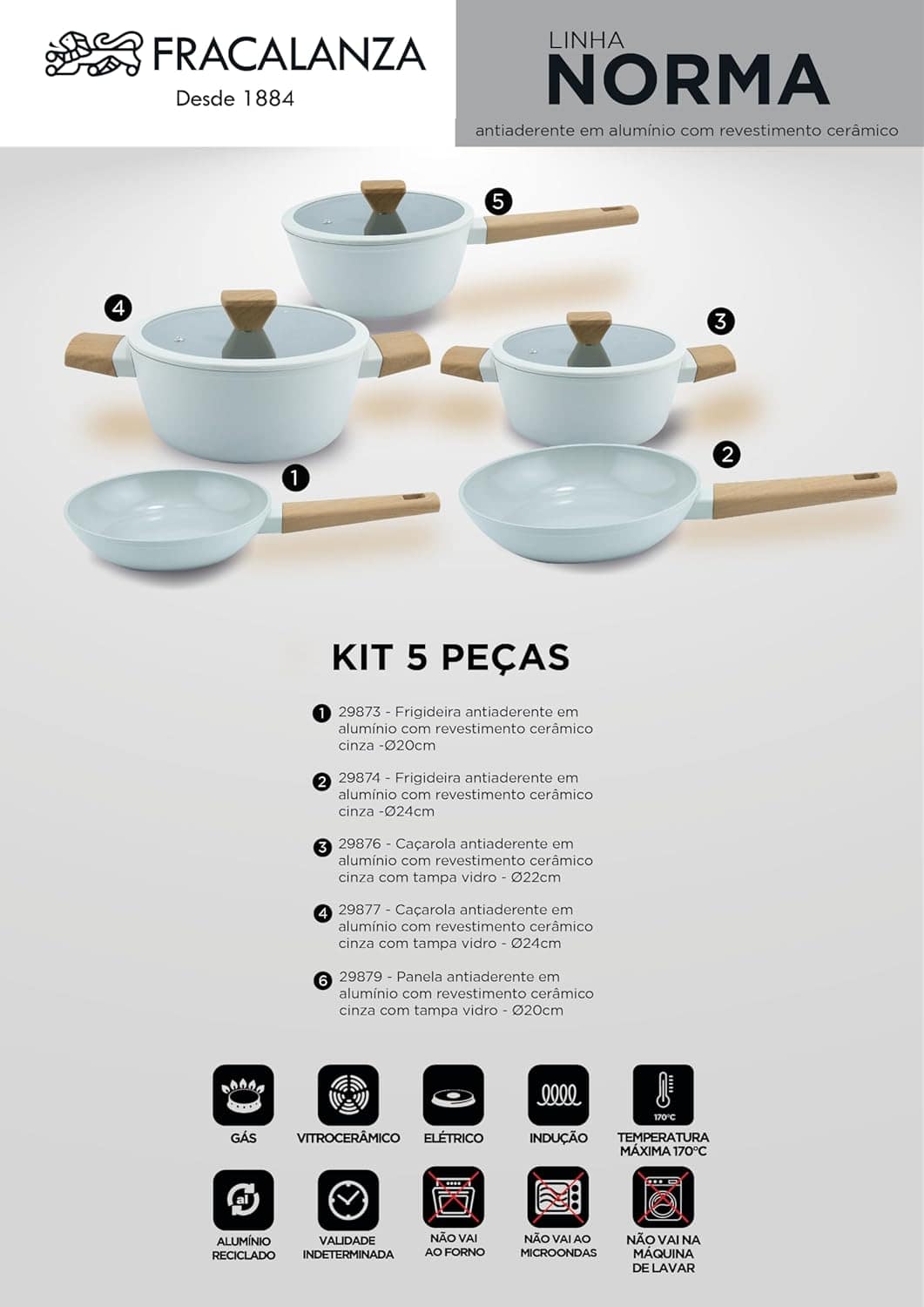 Jogo De Panelas Revestimento Cerâmico Indução Cinza 5 Peças - Image 2