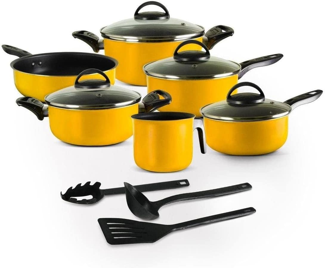 Conjunto de Panelas Antiaderente 9 Peças Amarelo com Tampa d...