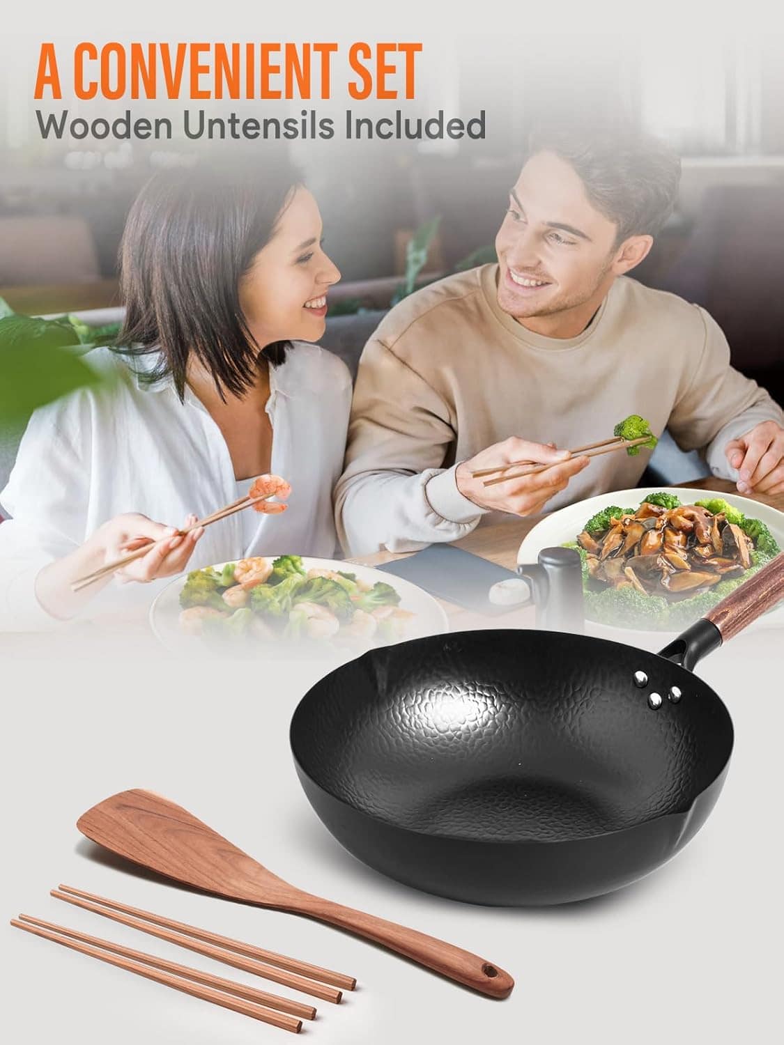 Panela Wok com tampa, woks de aço carbono e frigideira com a... - Image 5