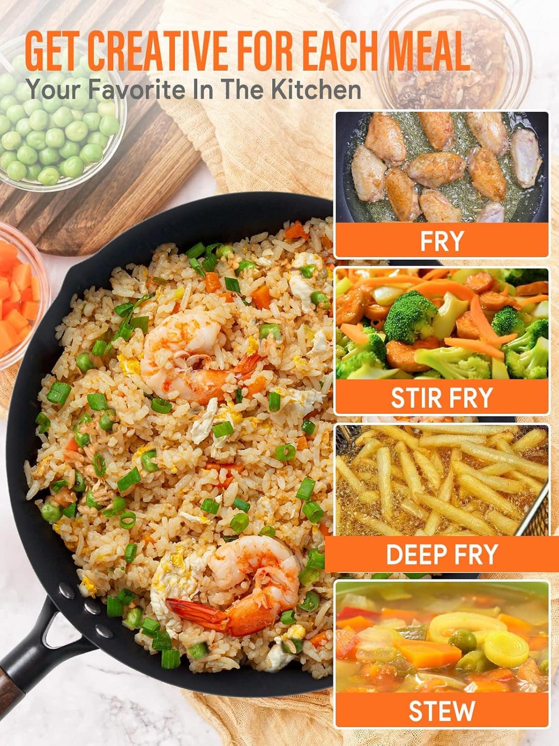 Panela Wok com tampa, woks de aço carbono e frigideira com a... - Image 3