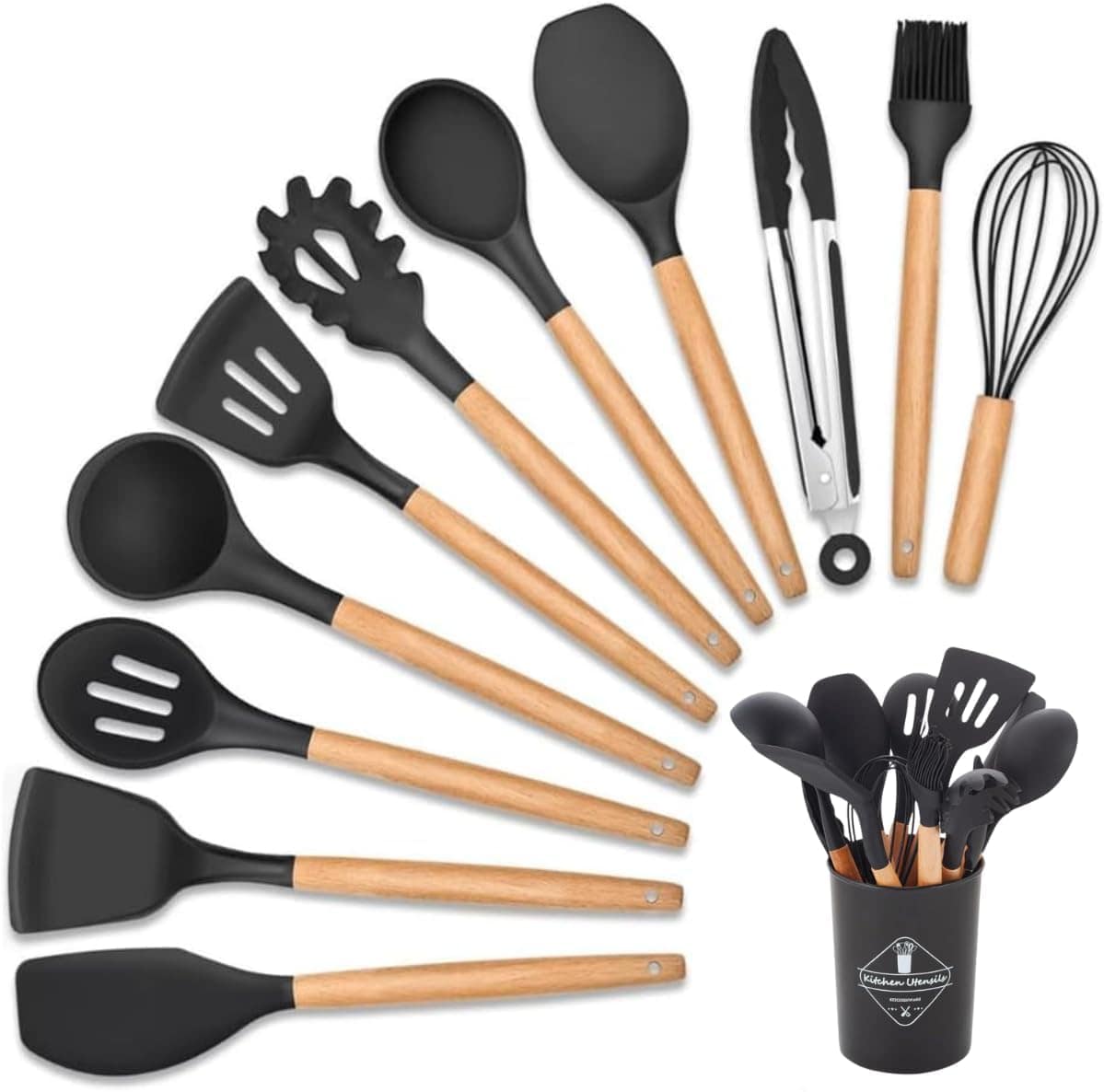 Kit 12 Utensilios de Cozinha Em Silicone E Cabo De Madeira A...