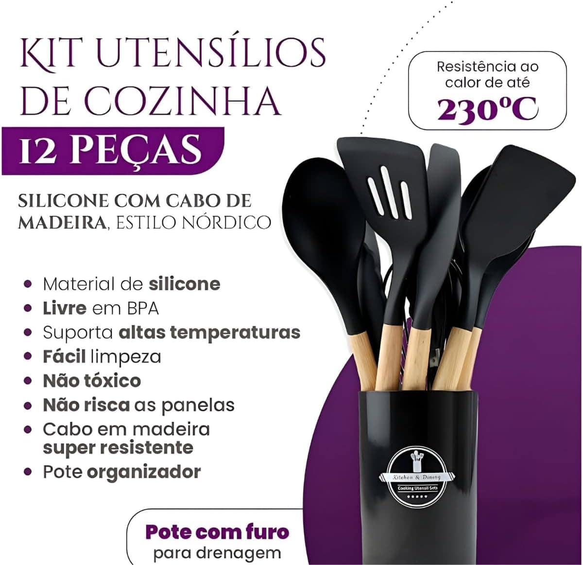 Kit 12 Utensílios de Cozinha em Silicone Cabo Madeira Conjun... - Image 5