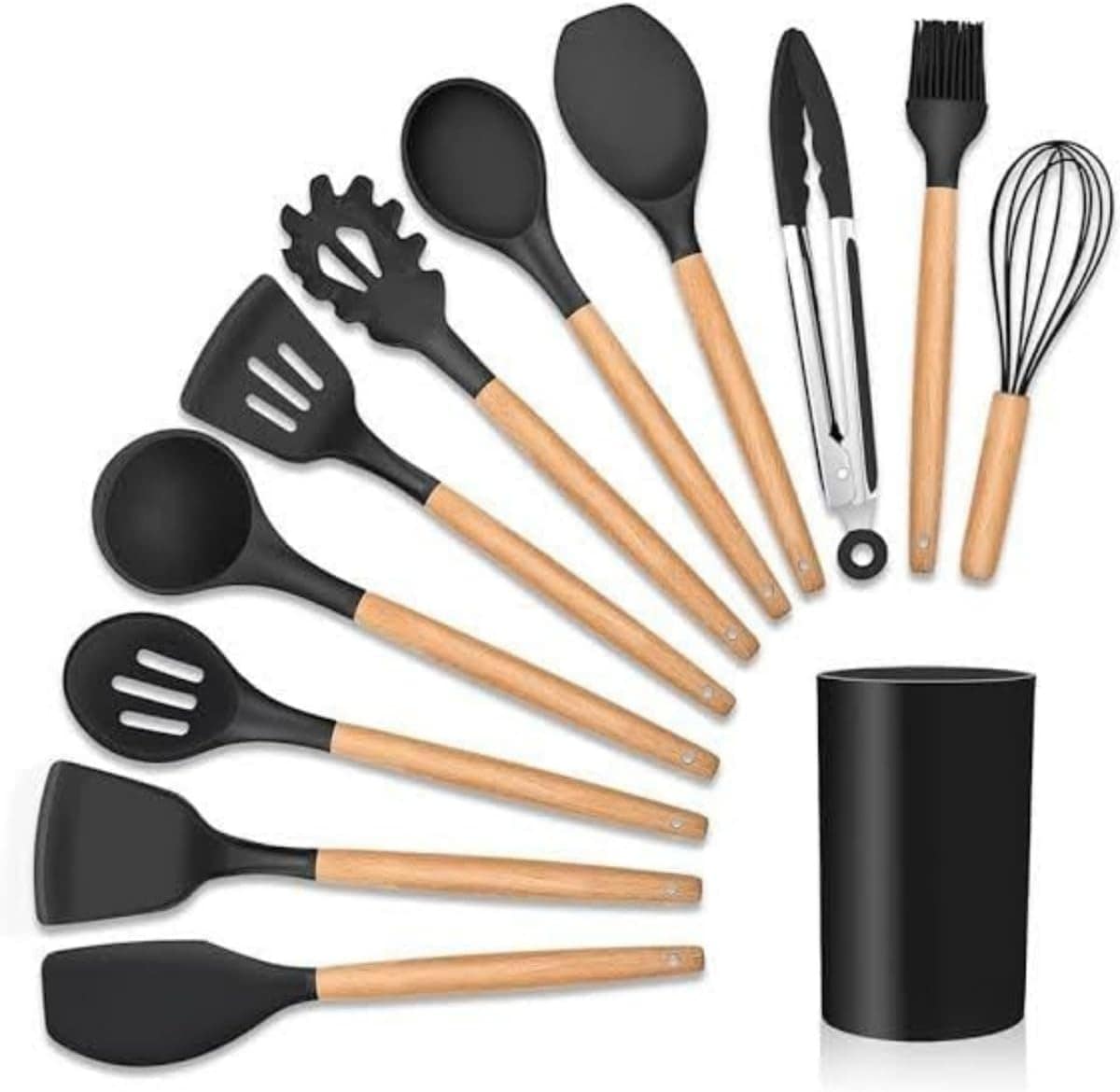 Conjunto de Utensílios de Cozinha em Silicone e Cabo de Made...