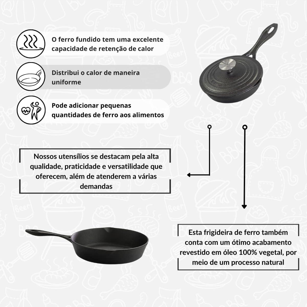 Frigideira De Ferro Fundido 22 Cm Cabo De Ferro Com Tampa - Image 5