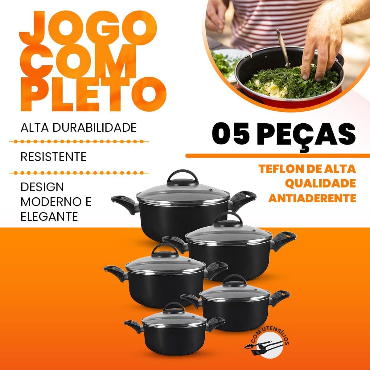 Jogo De Panelas 5 Peças Alumínio Antiaderentes Preto - Image 3