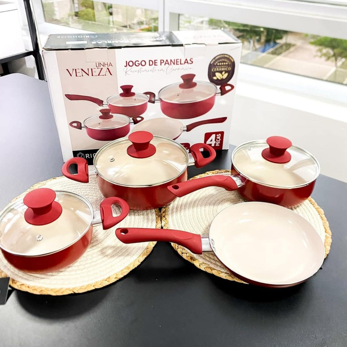 Conjunto de Panelas Cerâmica Antiaderente Jogo 4 Peças Refor...