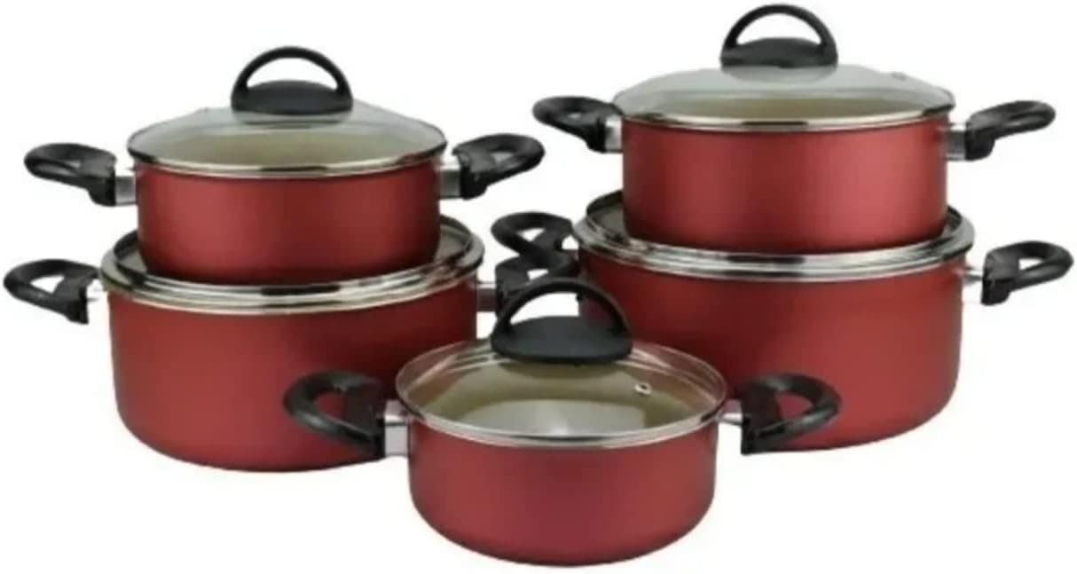 Jogo Panela Teflon 5 Peças C/Tampa De Vidro Cereja/Beje