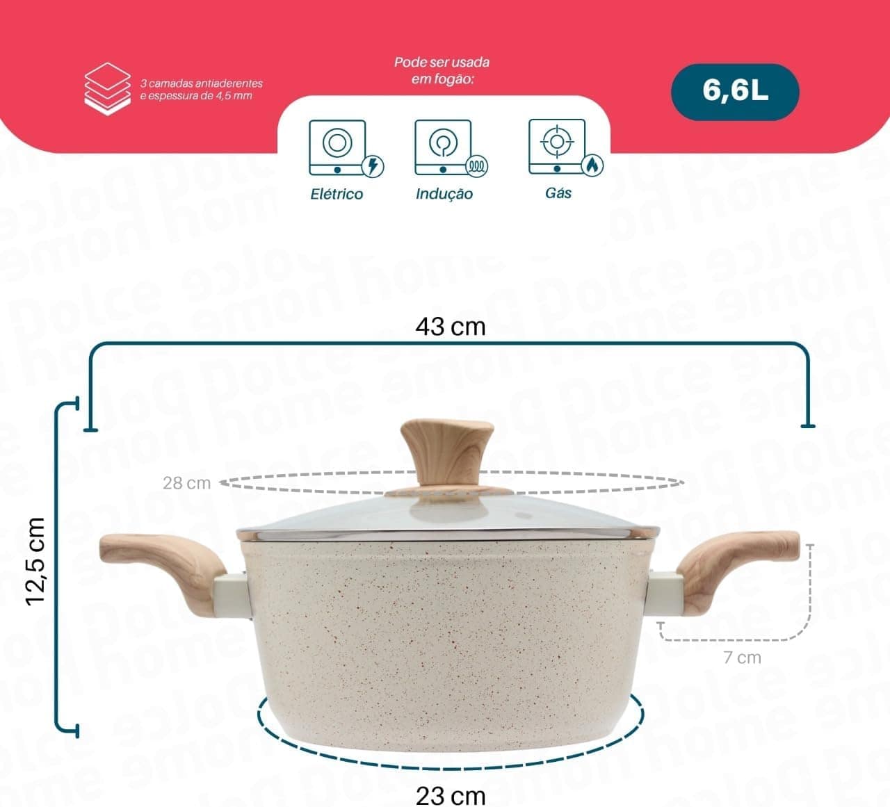 Panela Caçarola Indução C/tampa Vidro 6,6L Fundo Triplo Reve... - Image 3