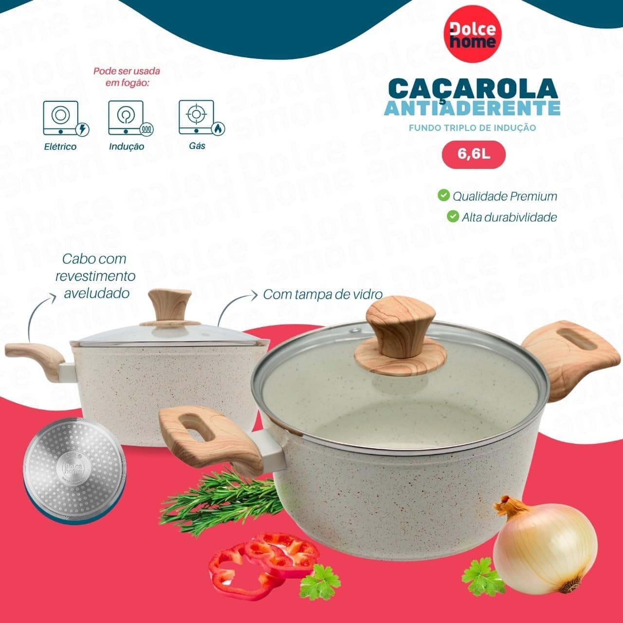 Panela Caçarola Indução C/tampa Vidro 6,6L Fundo Triplo Reve... - Image 4