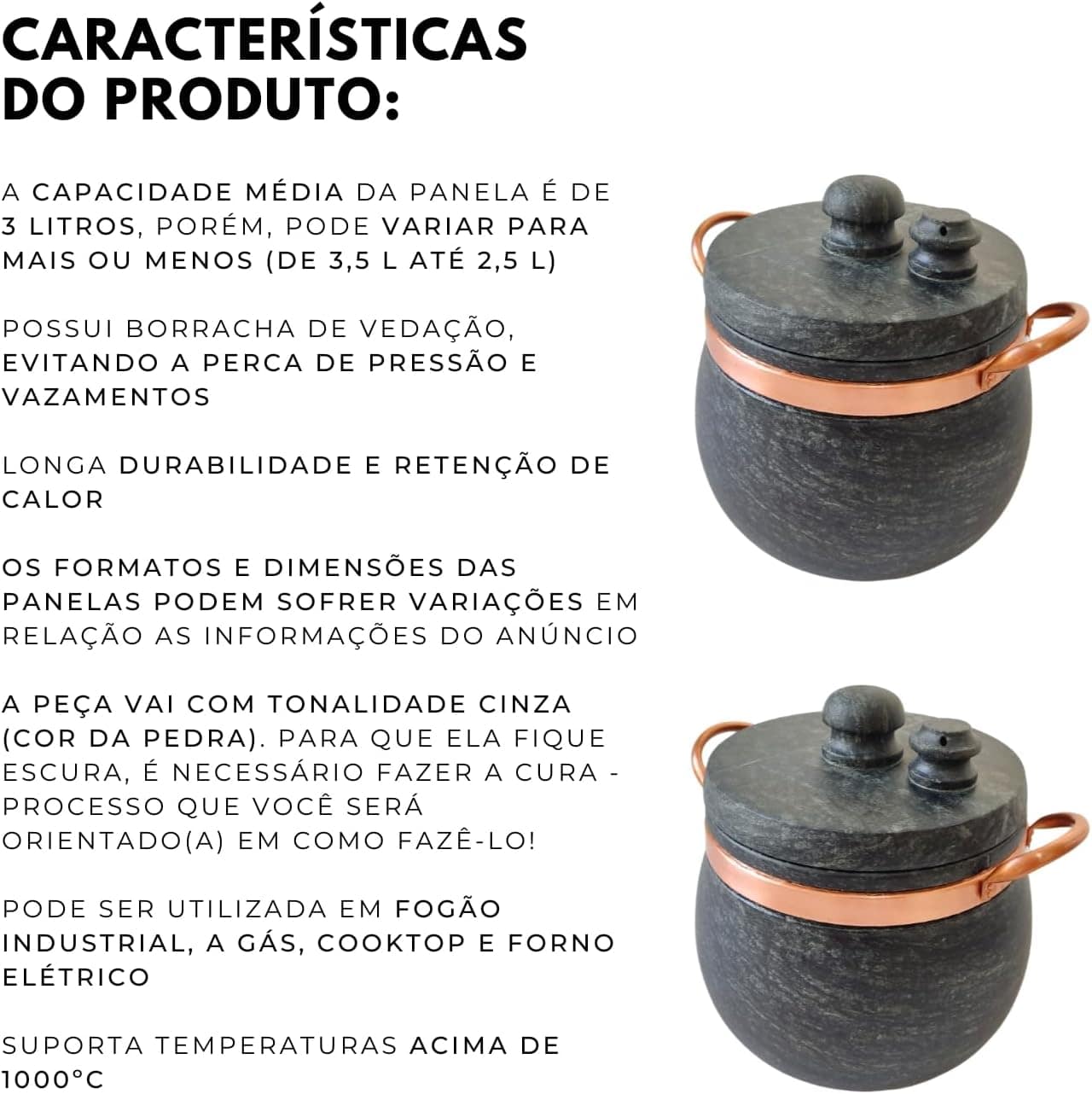 Panela de Pedra Sabão com Detalhes em Cobre, Capacidade Gran... - Image 7