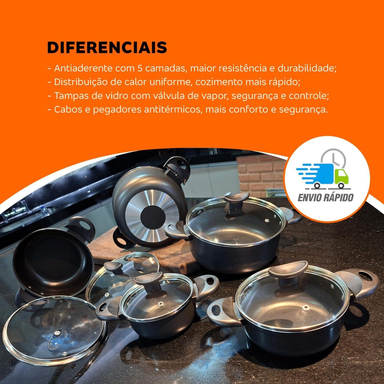 Jogo de Panelas Caçarolas Antiaderente 5 Peças com Tampa de ... - Image 6