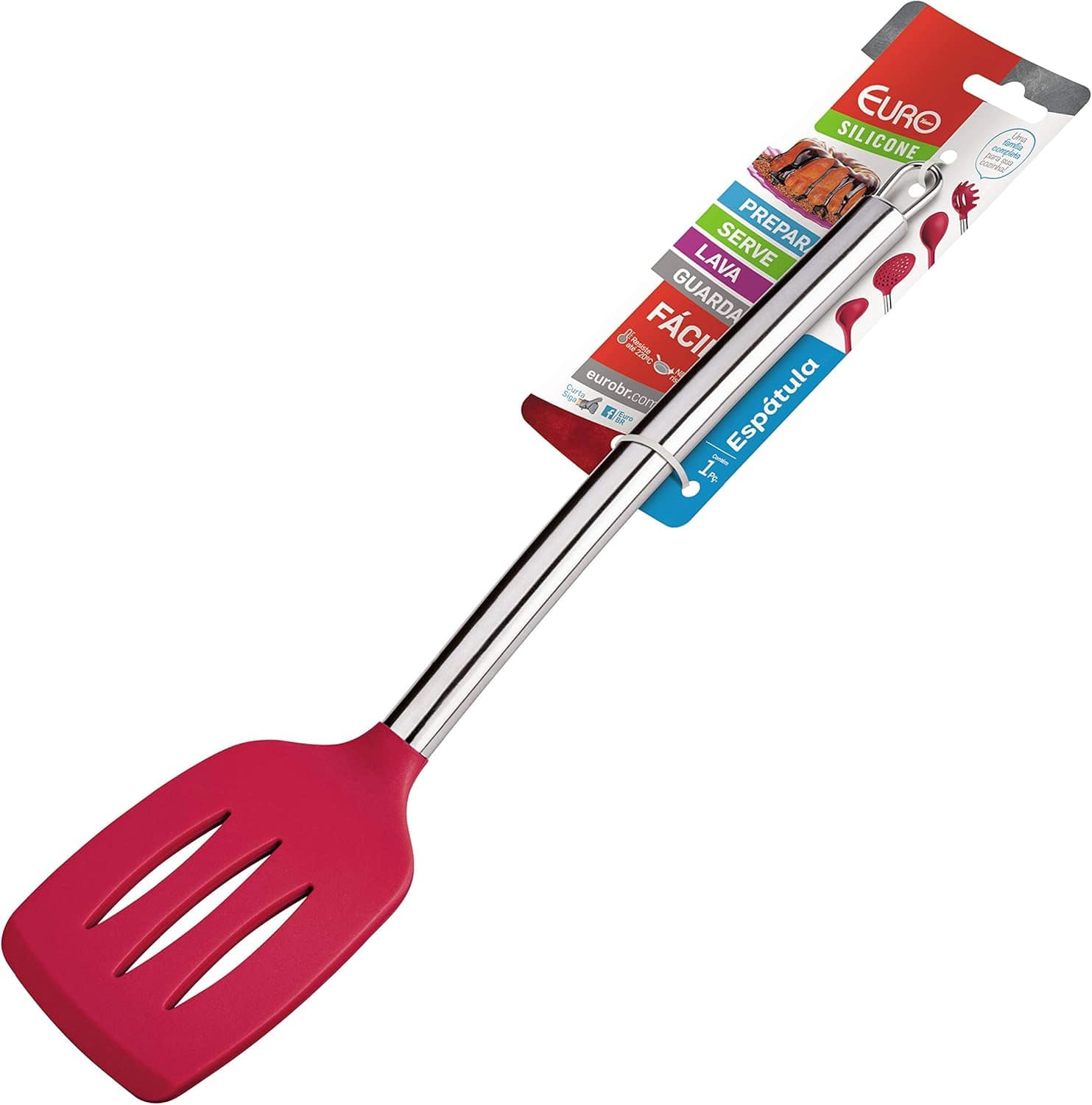 Espátula Vazada de Silicone Vermelho com Cabo Inox, SIL2584-...