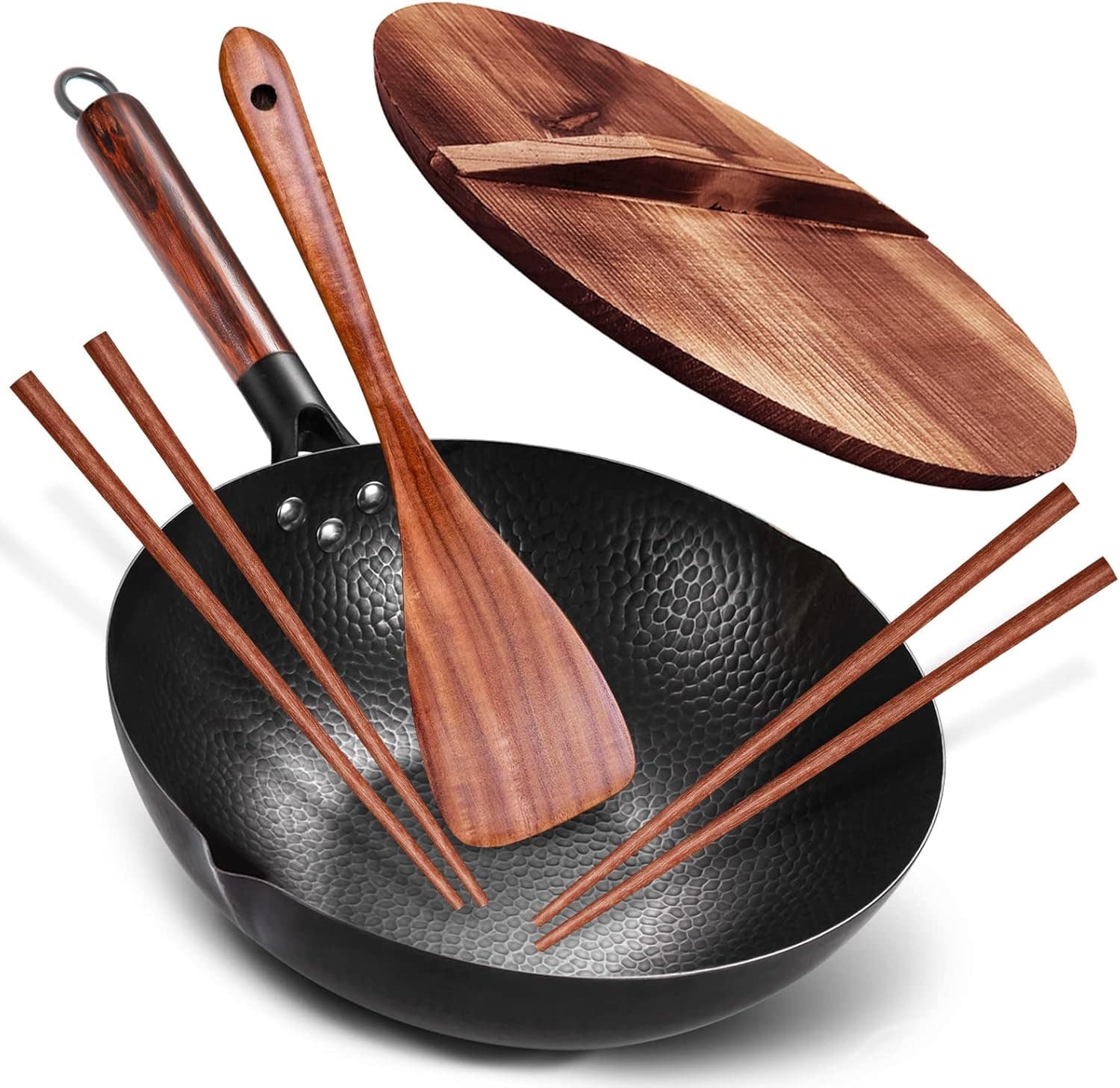 Panela Wok com tampa, woks de aço carbono e frigideira com a... - Image 8