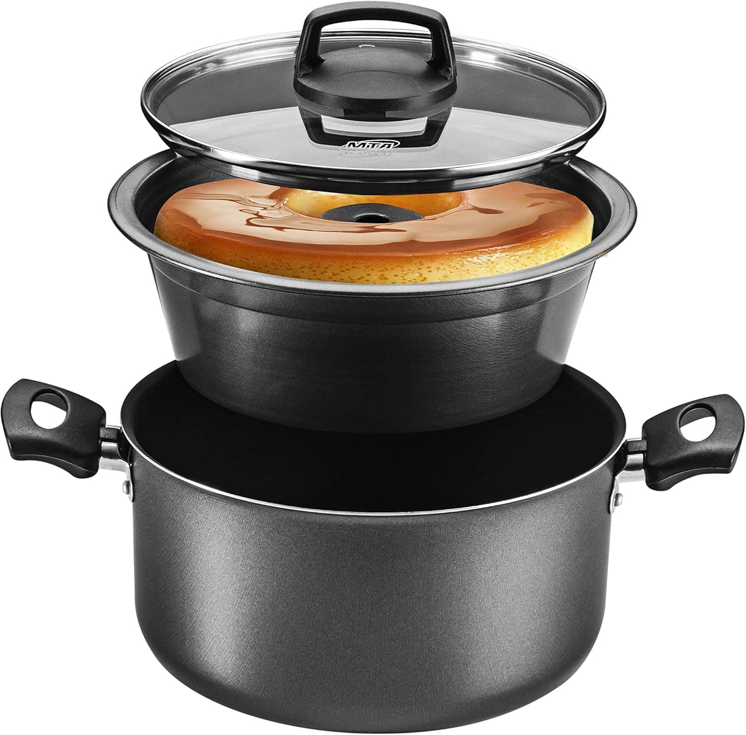 Conjunto Forma Pudim Banho Maria 20 cm Tampa de Vidro Antiad...