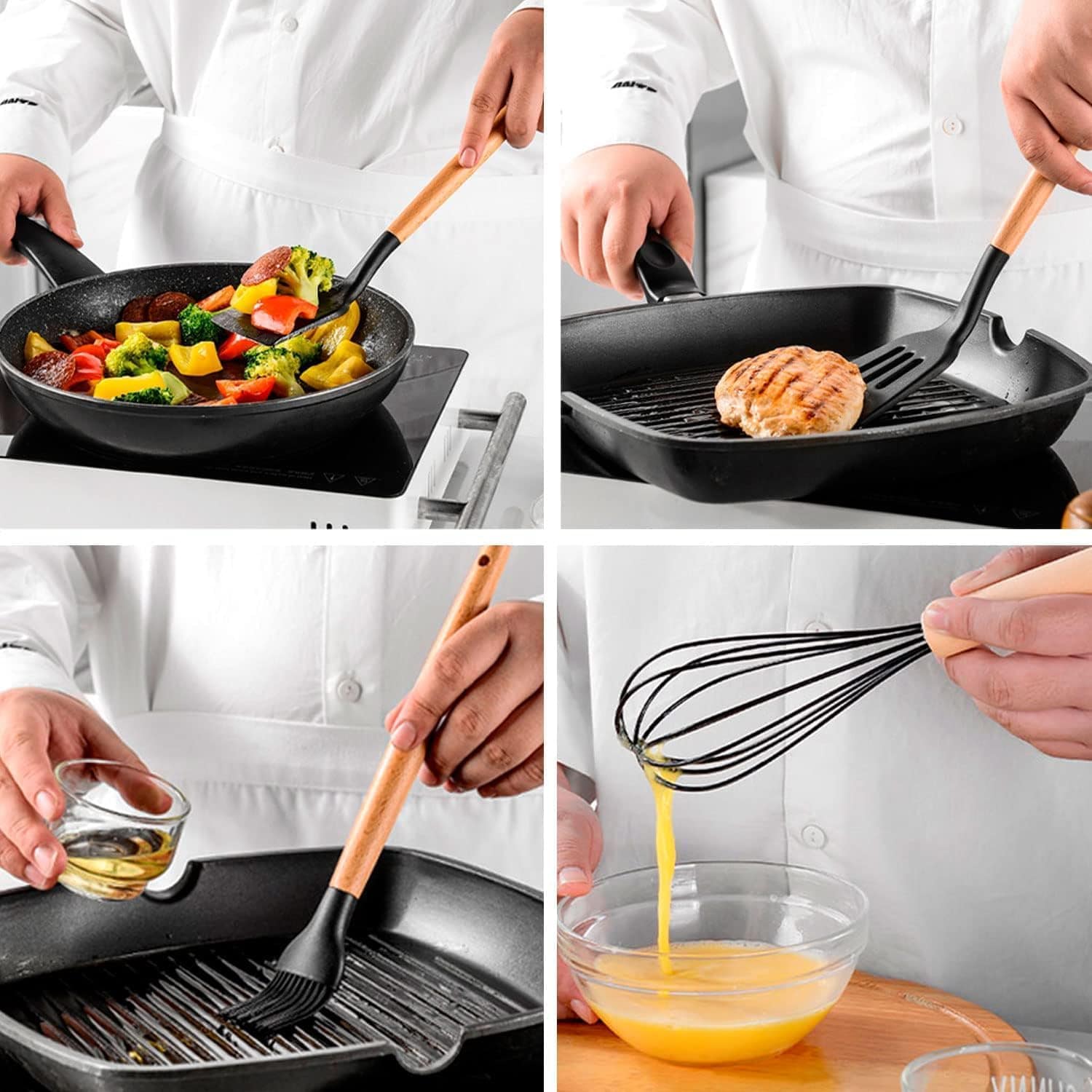 Kit 12 Utensílios Cozinha Silicone Cabo Madeira Resistente C...