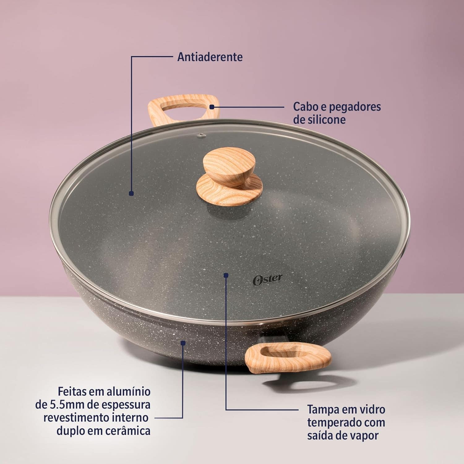 Panela Wok com Tampa 7L Cerâmica Marble Edition Dark Grey Os... - Image 4