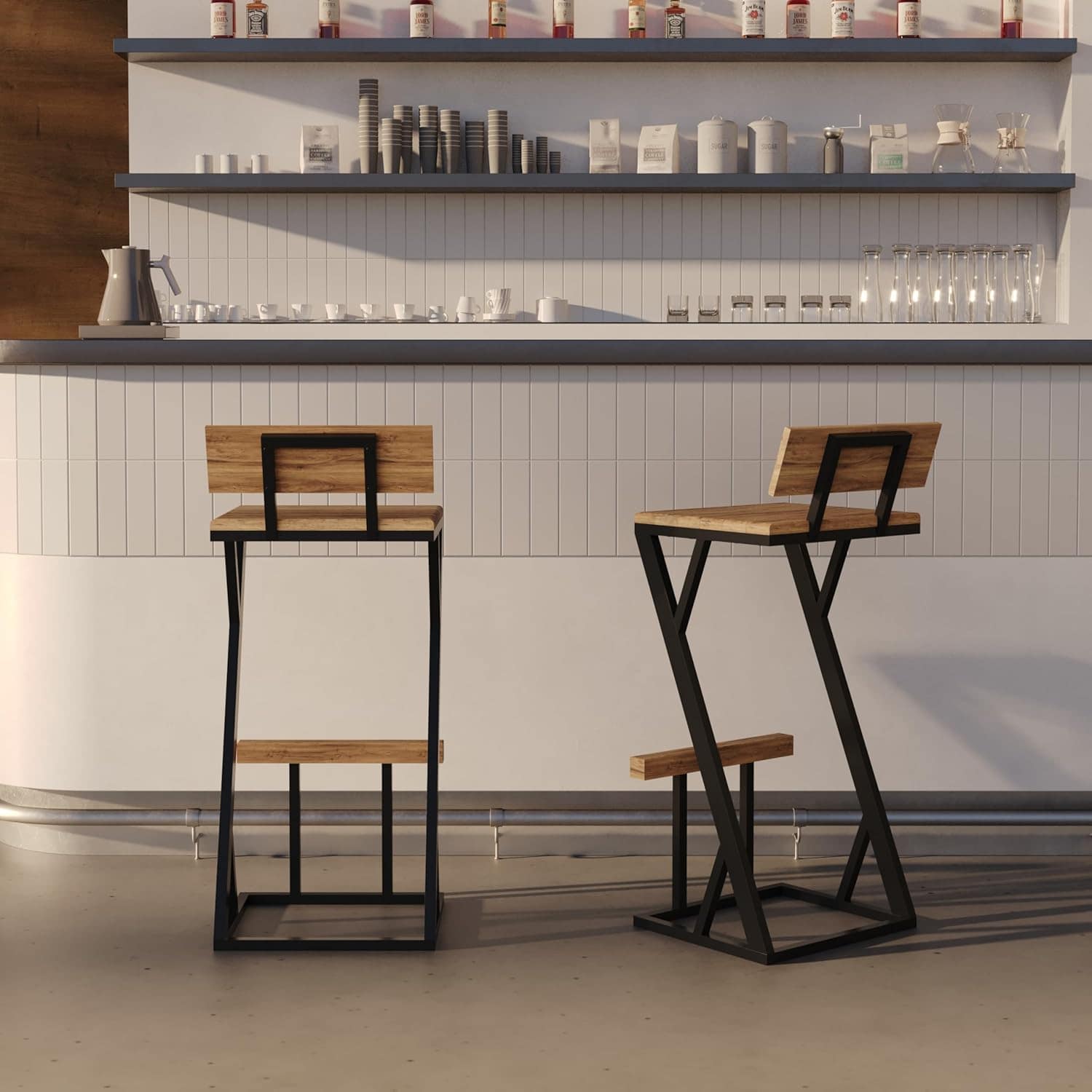 Banqueta Z Alta 95cm Bistrô Madeira Maciça e Aço Carbono Des...