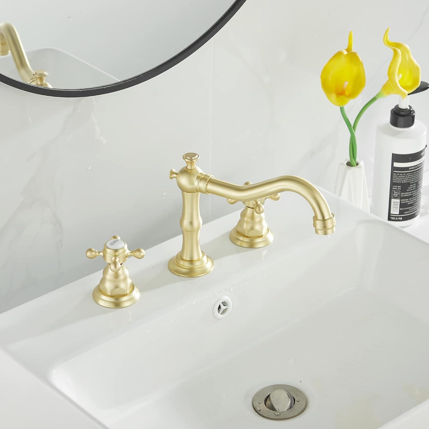 GGStudy Torneira de banheiro de ouro escovado 2 alças 3 furo... - Image 8