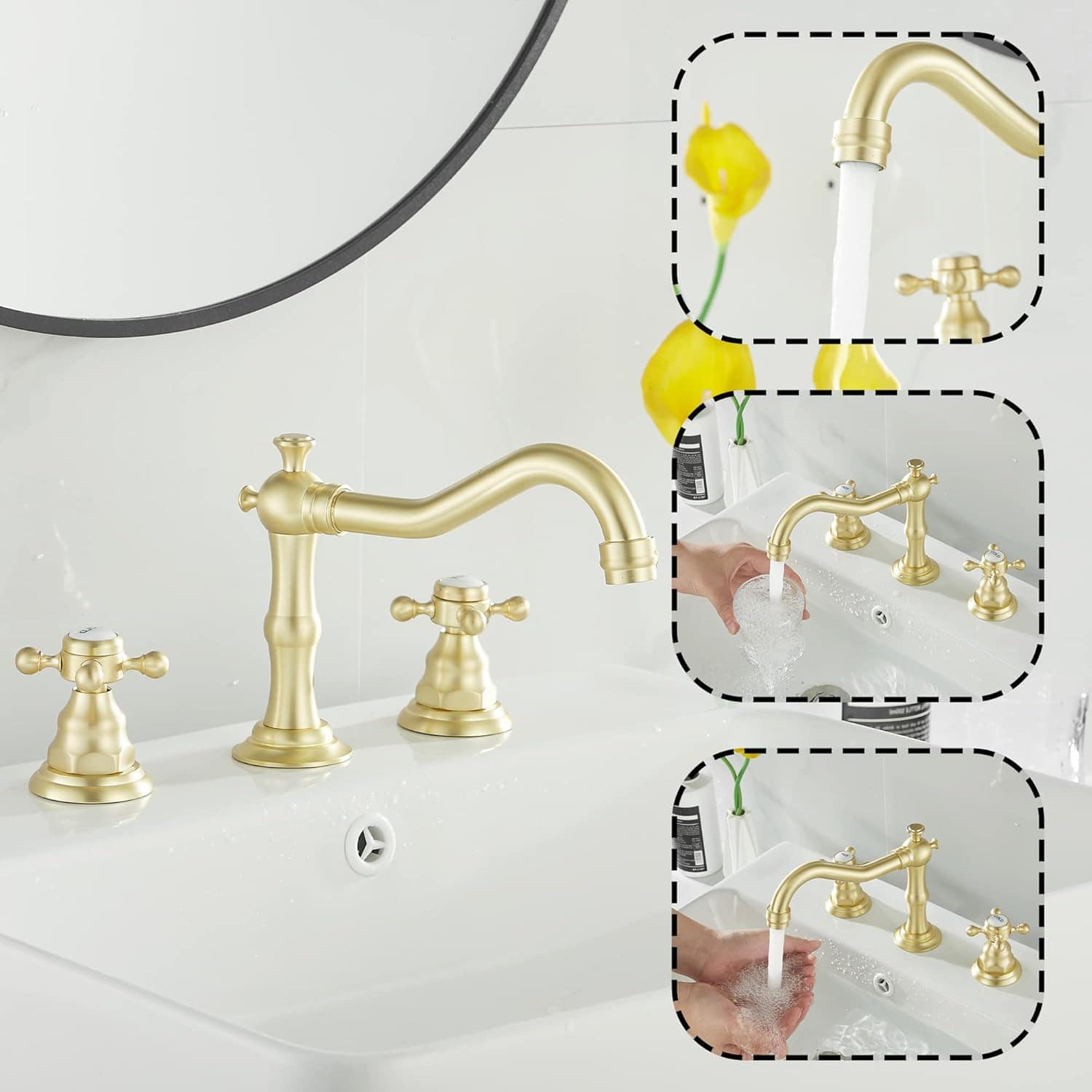 GGStudy Torneira de banheiro de ouro escovado 2 alças 3 furo... - Image 5