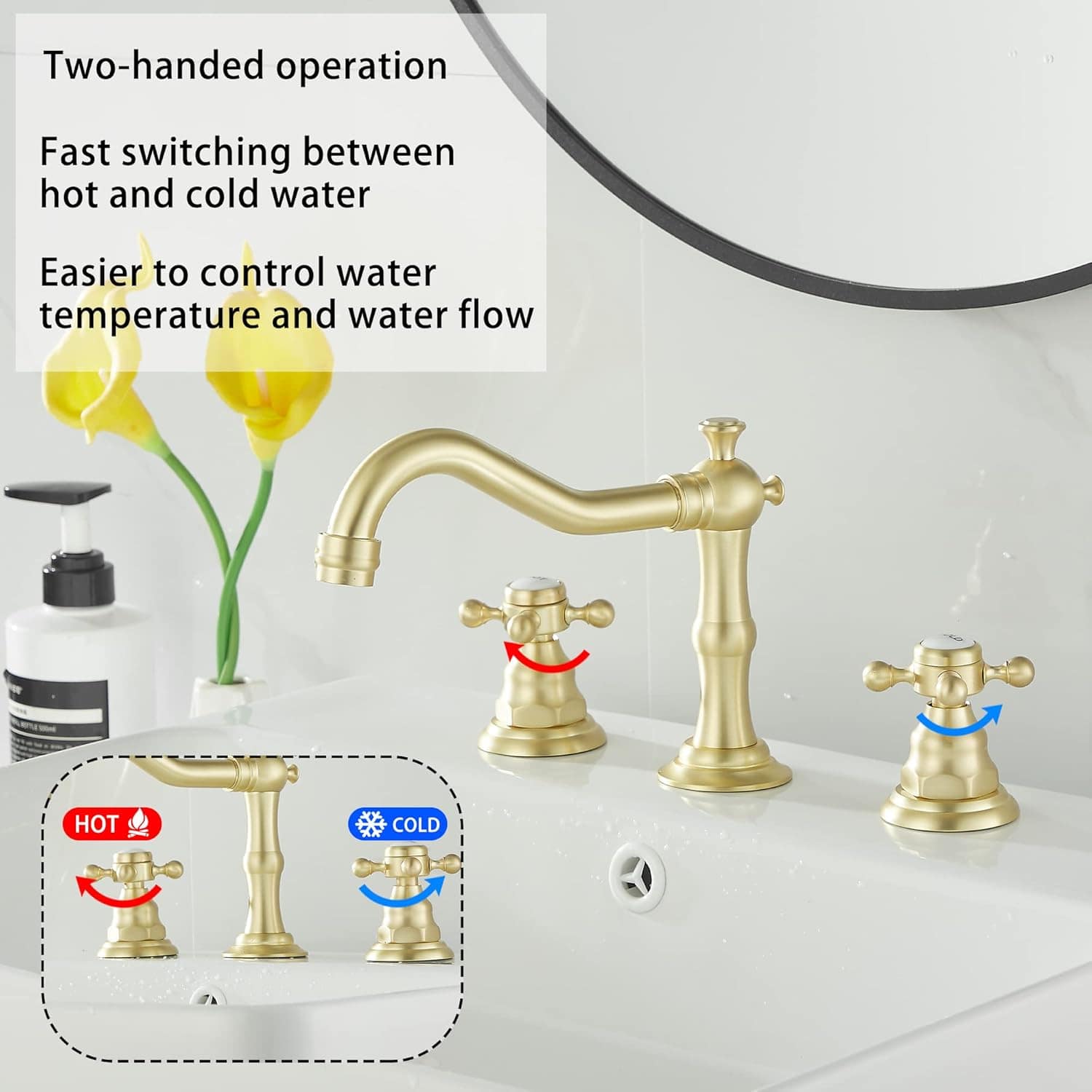 GGStudy Torneira de banheiro de ouro escovado 2 alças 3 furo... - Image 3