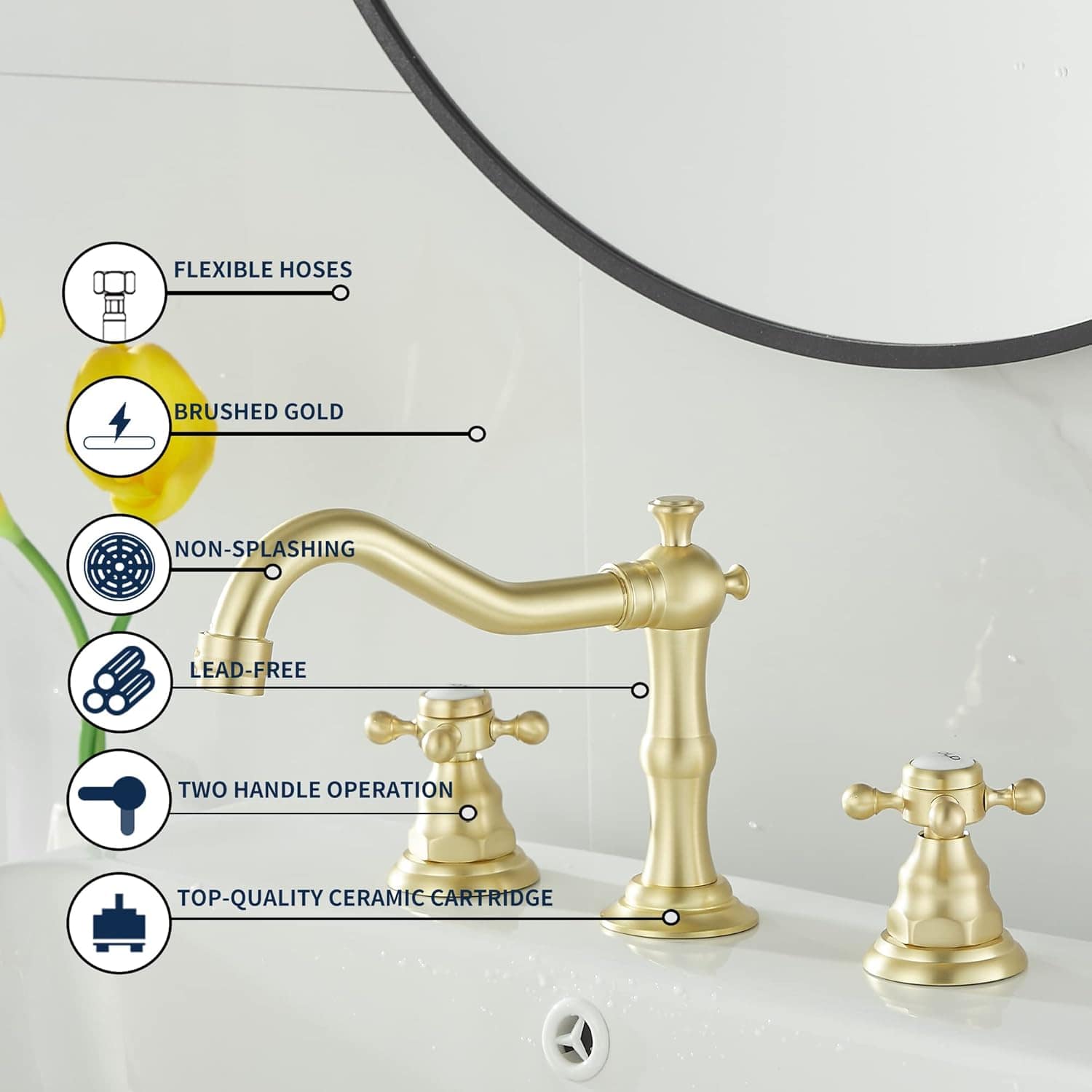 GGStudy Torneira de banheiro de ouro escovado 2 alças 3 furo... - Image 4