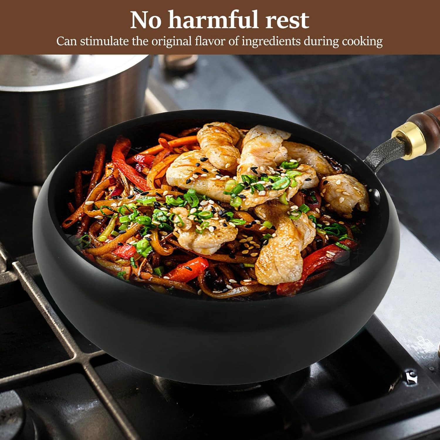 Frigideira wok de aço carbono não revestida com tampa de mad... - Image 2