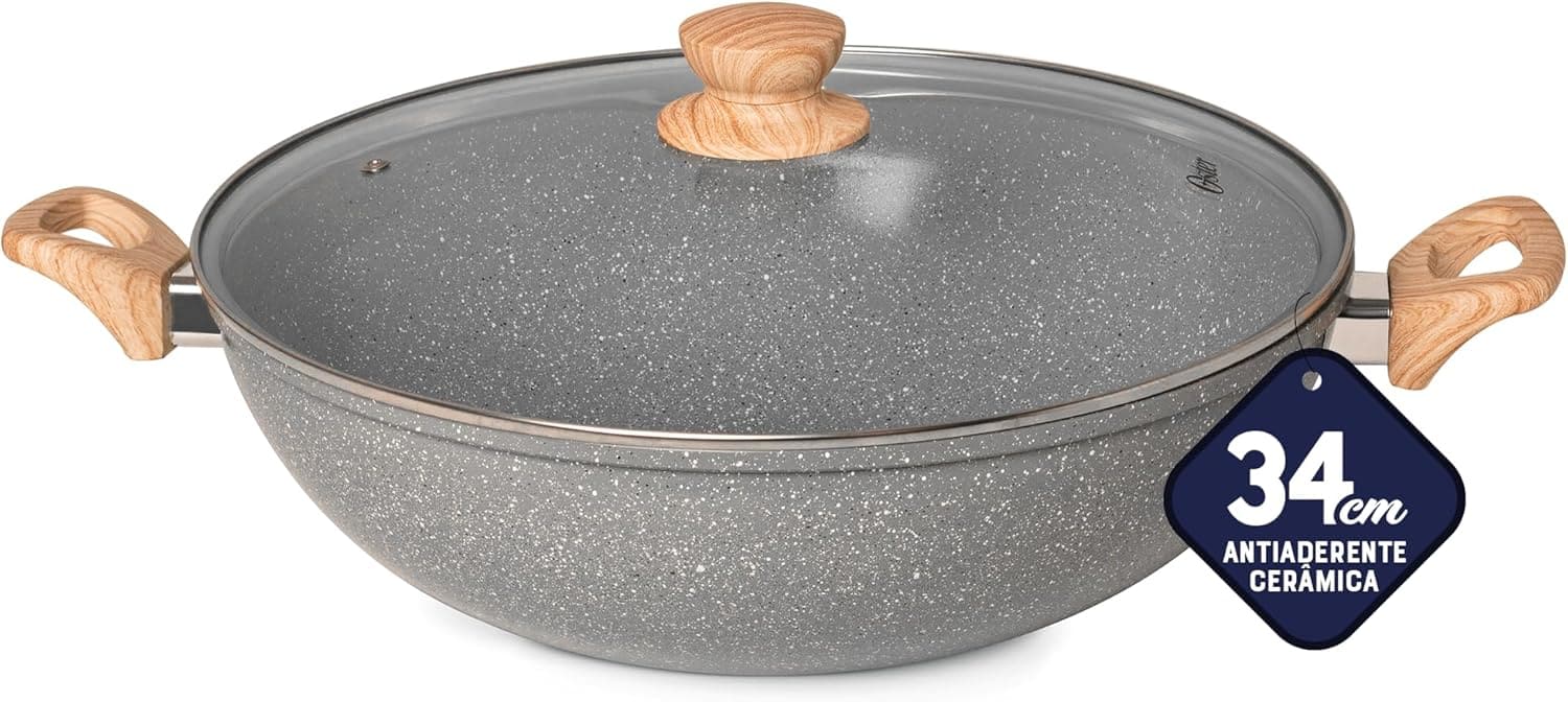 Panela Wok com Tampa 7L Cerâmica Marble Edition Dark Grey Os...