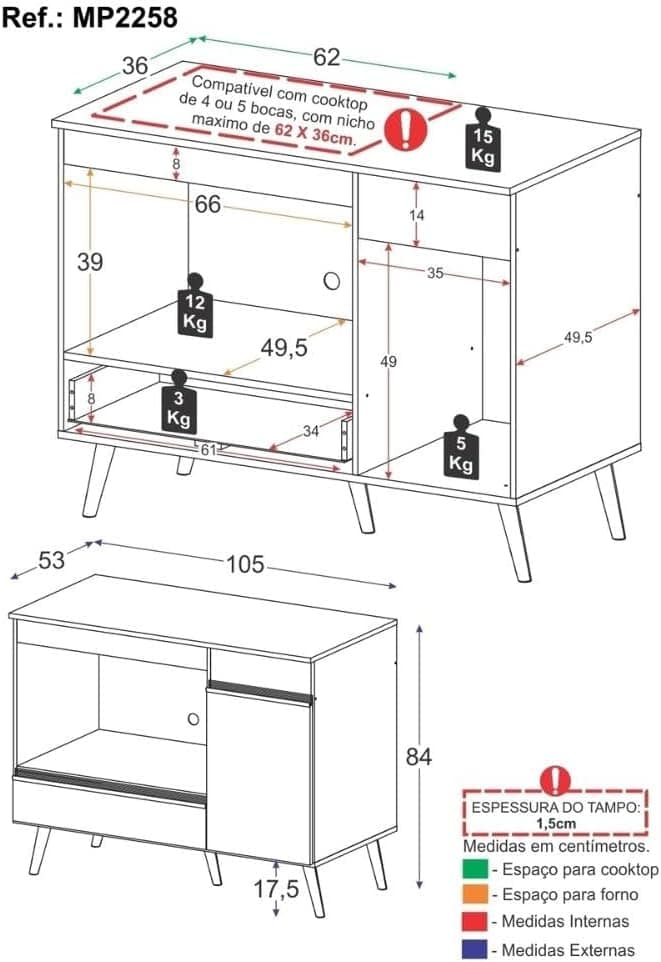 Balcão para Cooktop e Forno 105cm 1 Porta 1 Gaveta Veneza Mu... - Image 4