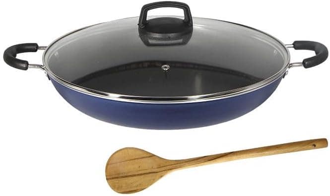 Paella Tacho N32 Antiaderente com Tampa Vidro + Colher Azul