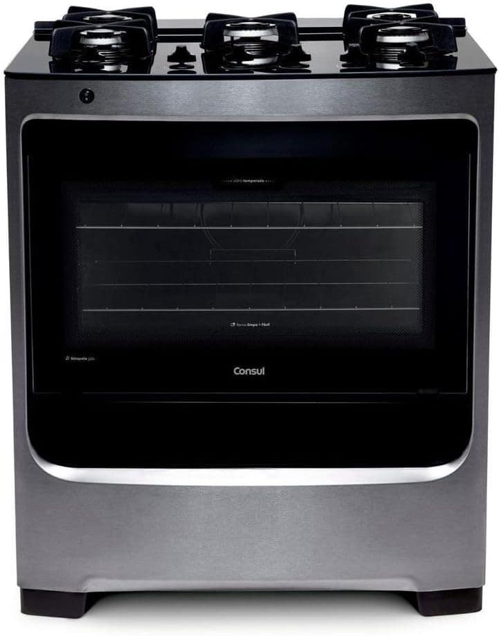 Fogão Consul 5 bocas cor Inox com mesa de vidro e grade de f...