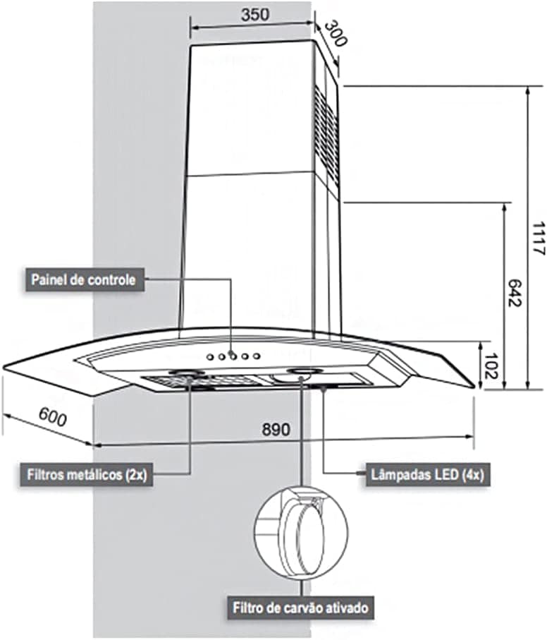 Coifa de Ilha Gourmet 180W, 90cm, Inox e vidro curvo, 110v, ... - Image 5