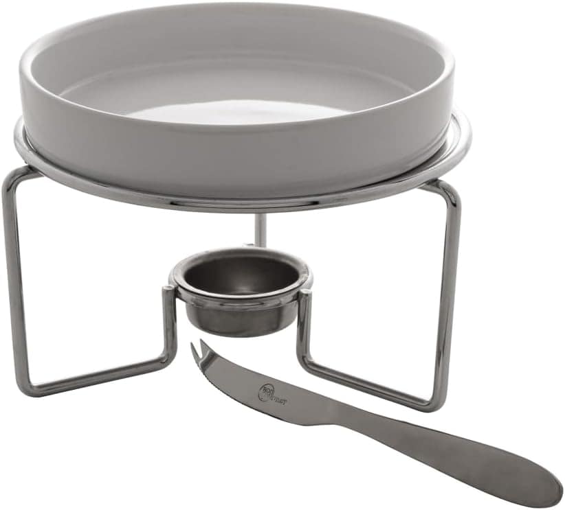 CJ 3PC RECHAUD P/QUEIJO BRIE C/FACA AÇO INOX E SUPORTE NIQUE...