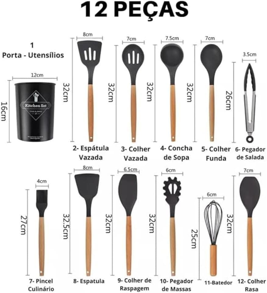 Kit 12 Utensílios De Cozinha Em Silicone E Cabo De Madeira J... - Image 6