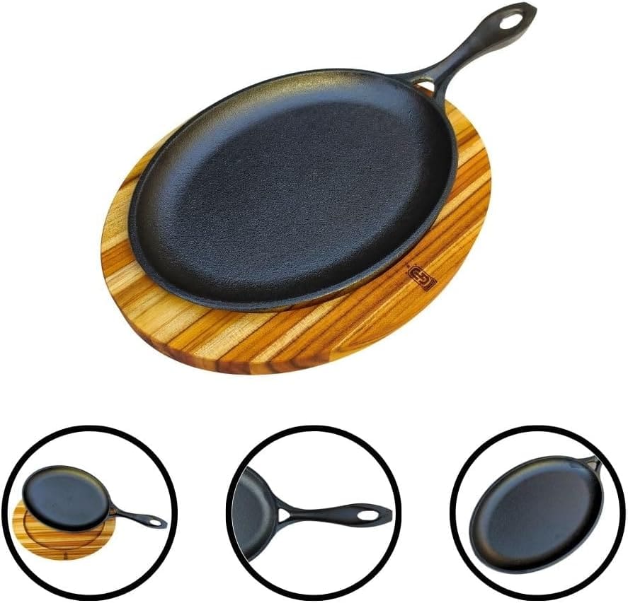Frigideira Oval De Ferro Fundido Com Suporte De Madeira Para...