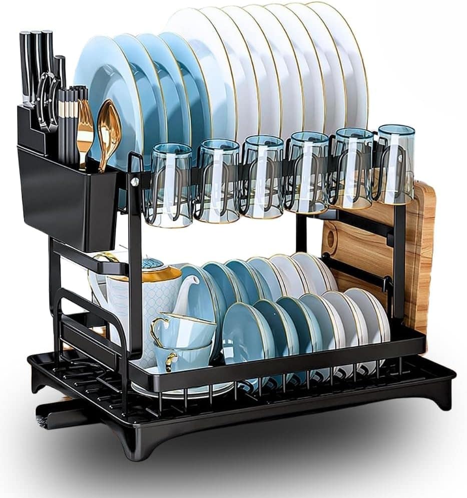 Escorredor de Louça 2 Andares Preto com Porta-Talheres Inox ...