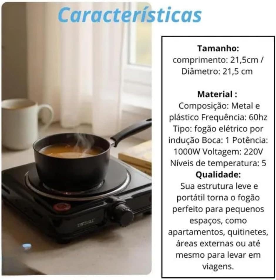 Fogão Elétrico Portátil por Indução 1 Boca 1000W 220V com 5 ... - Image 3