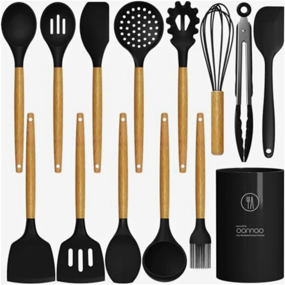 Kit 12 Utensílios de Cozinha em Silicone e Cabo de Madeira B...